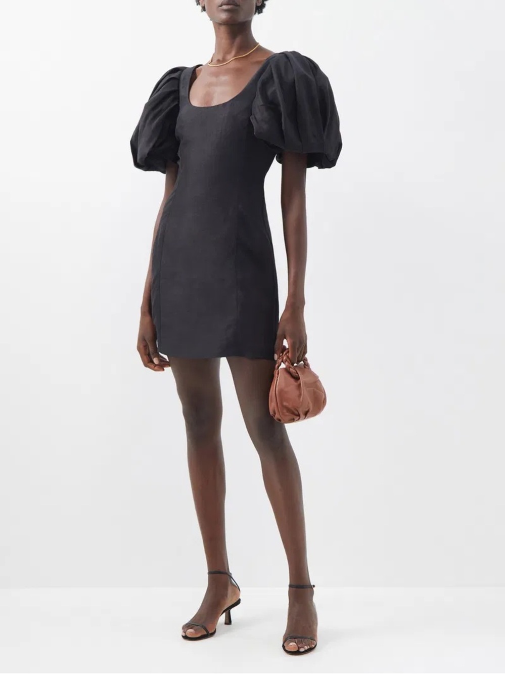 FRAME Puff-Sleeve Scoop-Neck Slubbed-Poplin Mini Dress